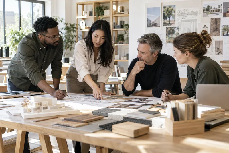 A multidisciplinary small-business team gathering around a worktable in a bright architecture and project-management studio, discussing how a project moves from enquiry to delivery. AI-generated workplace illustration.
