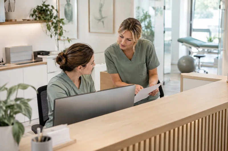 A calm receptionist in a modern physiotherapy clinic administration area organising appointments while consulting a colleague, clean reception desk, mint fabric accents, no patients or medical data visible. AI-generated workplace illustration.