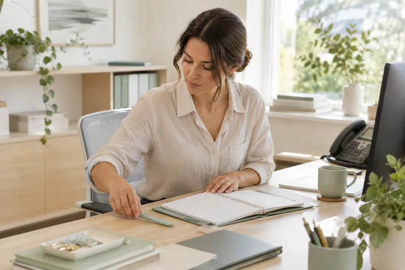 A quiet appointment coordinator's desk with a paper calendar notebook, a pen being placed beside it and a modest office phone, gentle daylight and muted mint stationery, no readable dates or customer data. AI-generated workplace illustration.