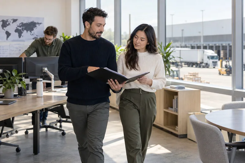 A logistics coordinator and a customer account manager carrying a folder together across a bright logistics-office meeting area, a third colleague preparing a shared desktop workstation behind them, windows looking onto a distant loading yard. AI-generated workplace illustration.