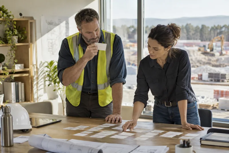 A construction operations manager and project lead studying a physical sequence of blank scheduling cards spread on a table, one bottleneck card held thoughtfully, natural office overlooking a distant work yard, no legible text. AI-generated workplace illustration.