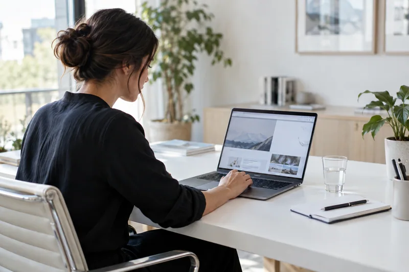 Restrained editorial workplace photograph: a professional using a trackpad on an open laptop at a white desk, a glass of water and simple notebook, screen angled to show no legible private information. AI-generated workplace illustration.