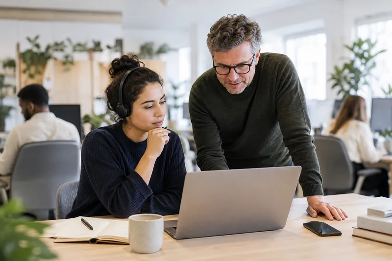 A customer-service colleague quietly consulting an experienced team lead over a tricky request on a laptop at a bright service office, attentive non-dramatic expressions, focus on good judgement. AI-generated workplace illustration.