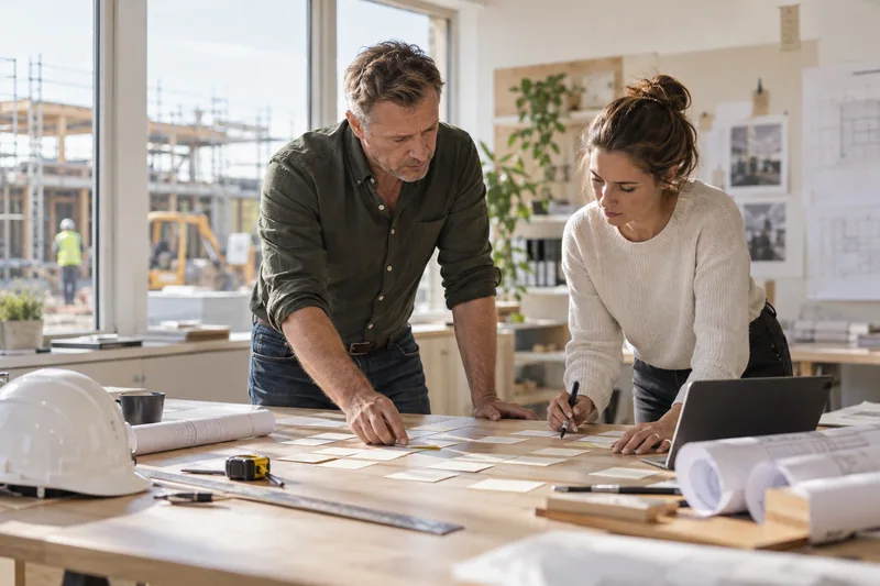 A small construction company director in ordinary office clothing and an analyst mapping an operational process on blank cream cards at a sunlit table, building plans rolled beside them, windows onto a modest construction office, no readable text. AI-generated workplace illustration.