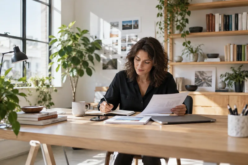 A thoughtful professional in a quiet independent business studio making notes while reading a short report beside a closed laptop, natural afternoon window light, shelves of reference books, editorial wide shot. AI-generated workplace illustration.