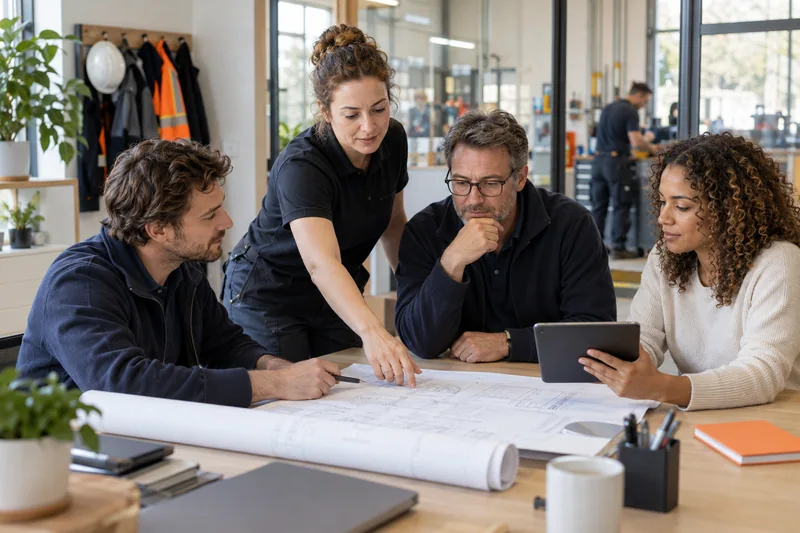 A facilities management operations team coordinating maintenance plans at a tidy office adjoining a practical workshop, a rolled site plan and tablet on desk, work jackets hanging in background, orange notebook accent. AI-generated workplace illustration.