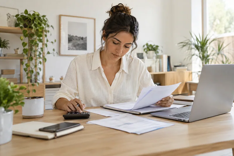 A small-business finance desk with a person thoughtfully checking an invoice folder and calculator beside a laptop, calm white and oak environment, all writing and numbers unreadable, no credit cards or cash. AI-generated workplace illustration.