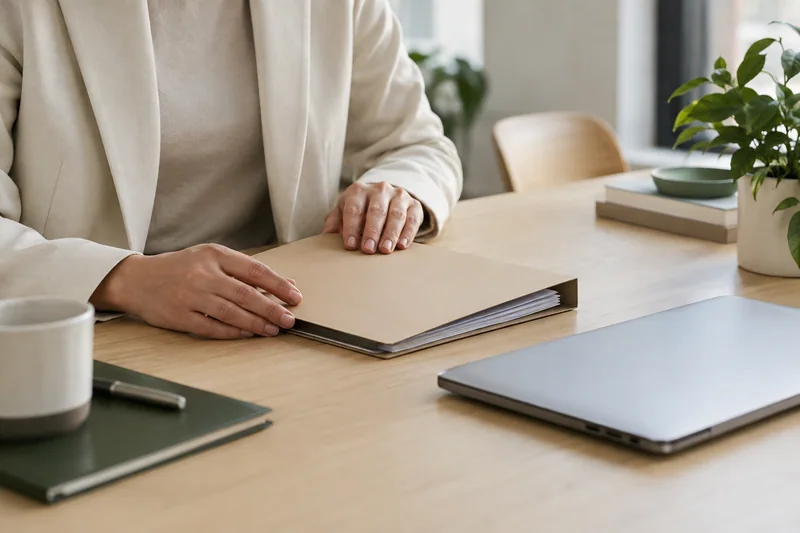 Restrained editorial close-up in a real professional workplace: a person's hands closing a plain confidential document folder beside a shut laptop and small plant, pale oak table and soft daylight. AI-generated workplace illustration.