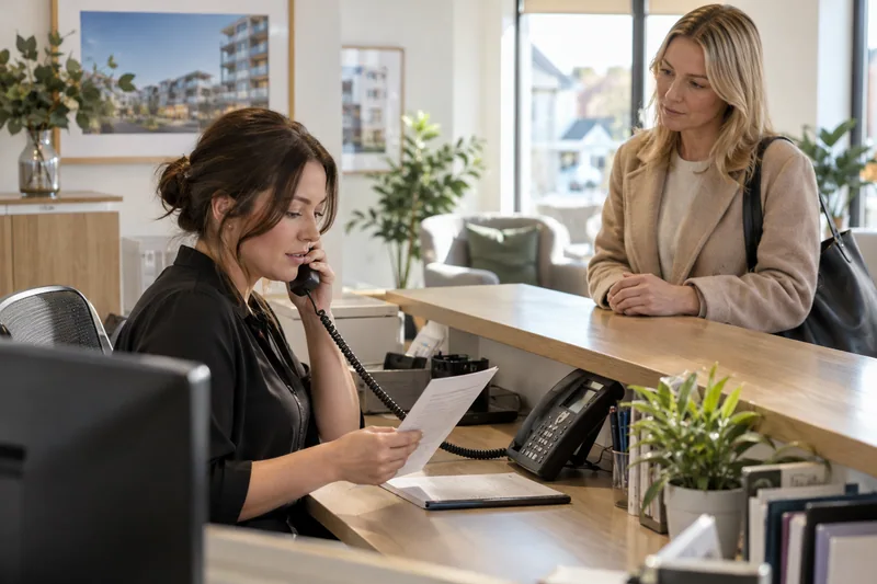 A professional property-services receptionist checking a call note beside a desk phone, a colleague waiting to discuss an exception, warm daylight in a small reception office, realistic business context. AI-generated workplace illustration.