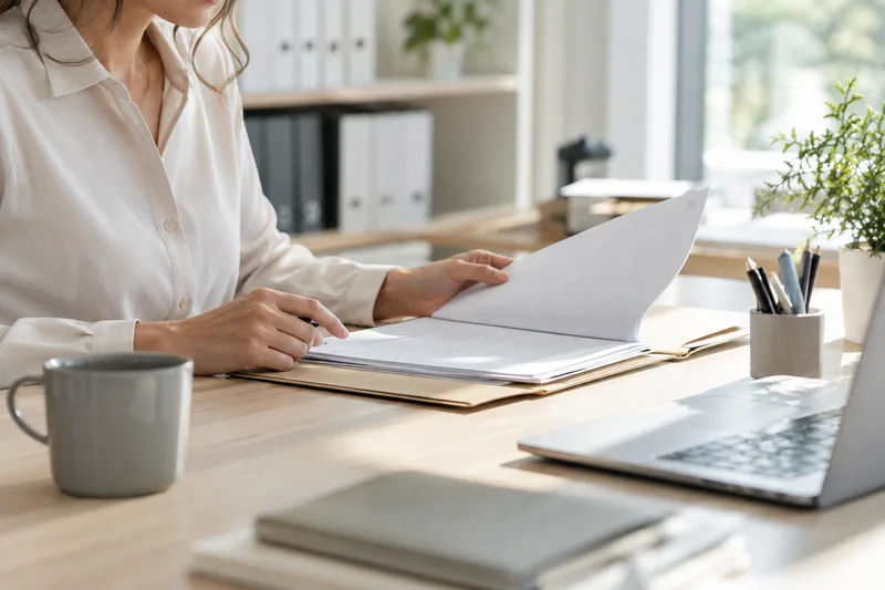 A professional accounts administrator reviewing a plain payment record folder at a clean desk, soft side daylight, hands and sleeve visible rather than a portrait, neutral setting and no readable financial details. AI-generated workplace illustration.