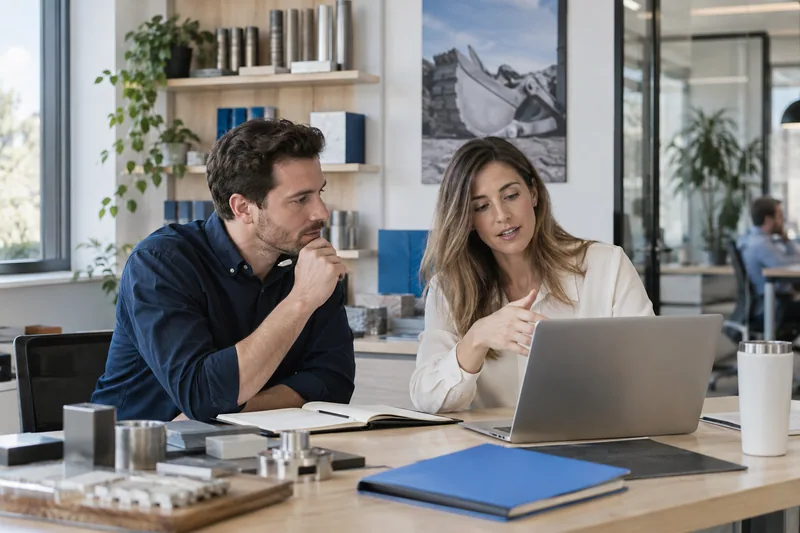 A small commercial team in an industrial equipment supplier's office reviewing opportunities before a customer call, two people with notebook and laptop, shelving of material samples discreetly behind, natural professional environment with a blue accent. AI-generated workplace illustration.