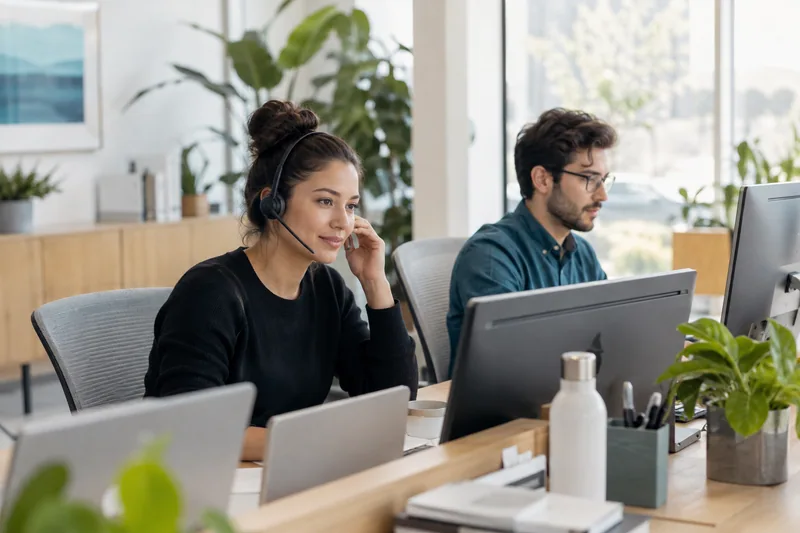 Two customer support professionals in a local professional services office, one wearing a discreet normal headset listening attentively while the other researches at an adjacent screen. AI-generated workplace illustration.