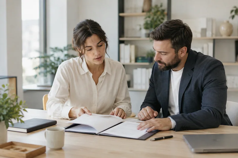 Quiet professional office desk with two colleagues' hands reviewing a neatly organised plain agreement folder, pens resting nearby, out-of-focus shelves in background, wide restrained composition and no legible document text. AI-generated workplace illustration.