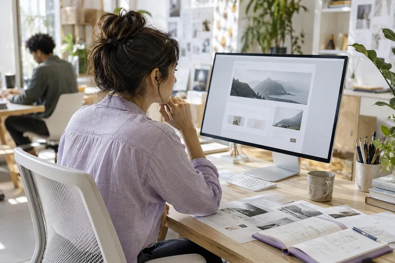 A digital designer at a tasteful light-filled design studio reviewing a website wireframe on an angled monitor, printed layout sketches and a lilac sketchbook, candid over-shoulder editorial framing, no readable on-screen text. AI-generated workplace illustration.