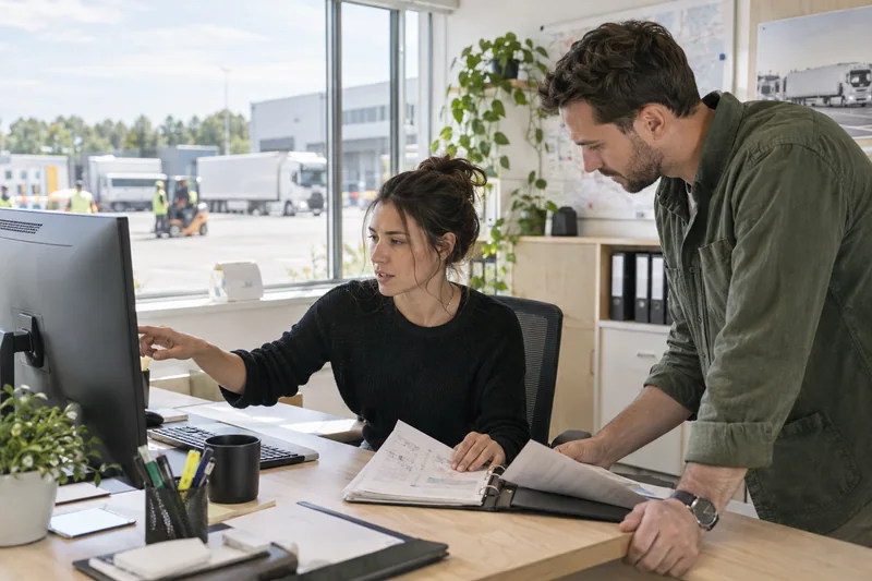 Two employees at a logistics planning office comparing a paper dispatch folder to a desktop task list while coordinating a handover, small transport yard visible distantly, no readable names, plates or data. AI-generated workplace illustration.